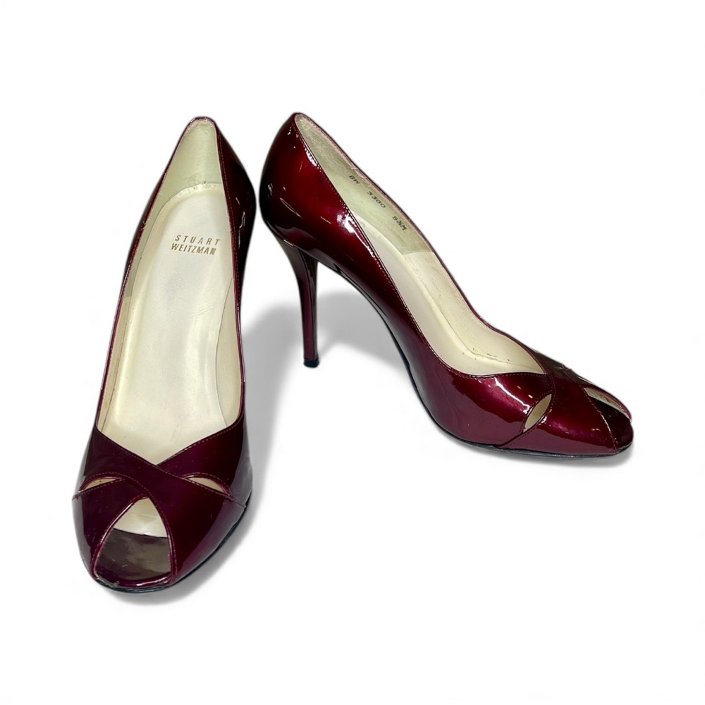 Stuart Weitzman Burgundy Red Patent Peep Toe Heel - Picture 2 of 13